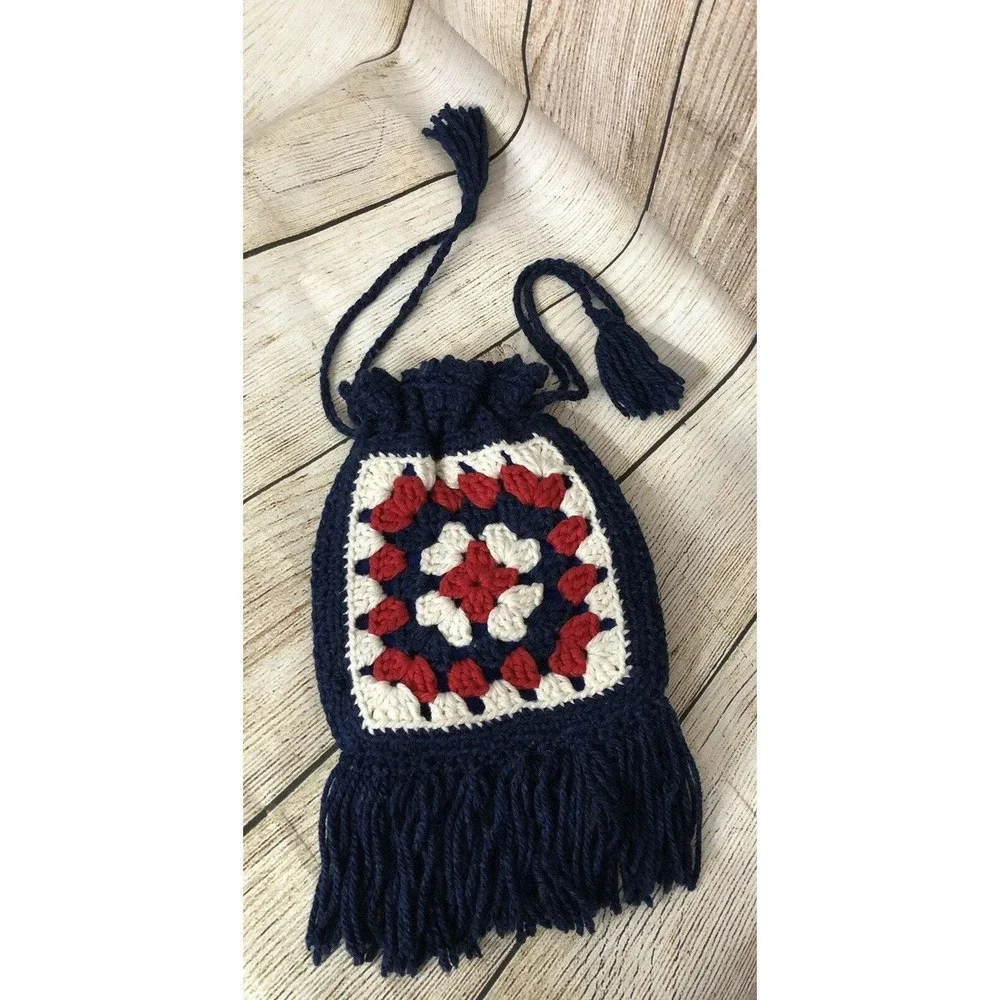 Vtg Handmade Crochet‎ Purse Granny Square Fringe Red White Blue Boho America 250